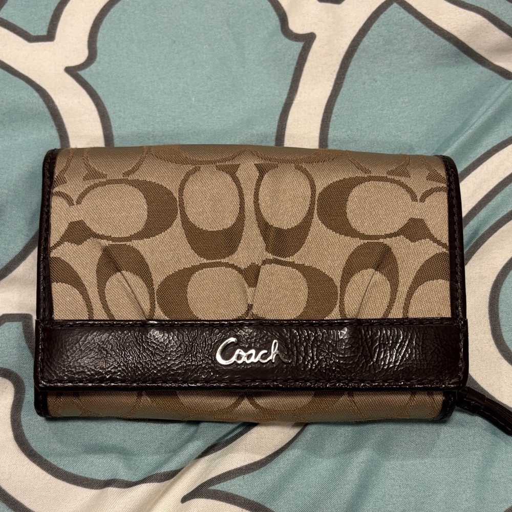 Coach Khaki and Dark Brown Signature Canvas Trifold Wallet